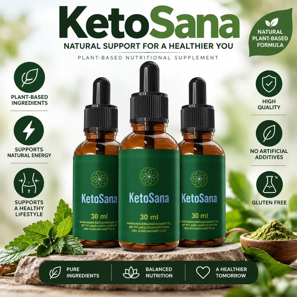 KetoSana natural plant-based supplement drops, three 30 ml bottles