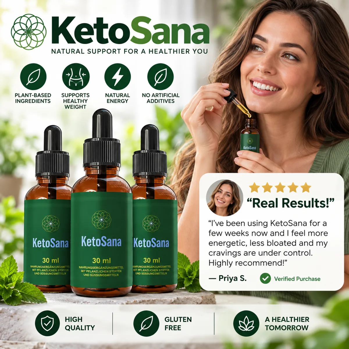 KetoSana bottles with plant ingredients